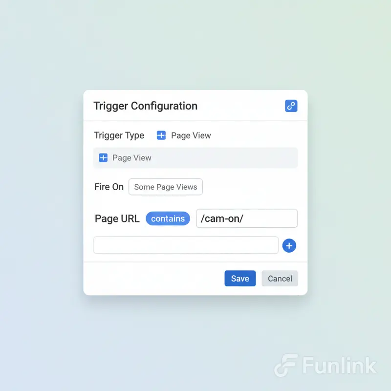 Cấu hình Page View Trigger cho tracking form submission bằng GTM với điều kiện Page URL contains /cam-on/.
