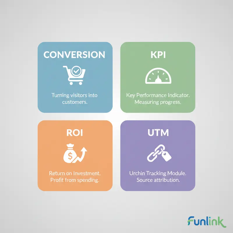 Infographic về tracking là gì trong marketing giải thích các thuật ngữ Conversion, KPI, ROI, và UTM.