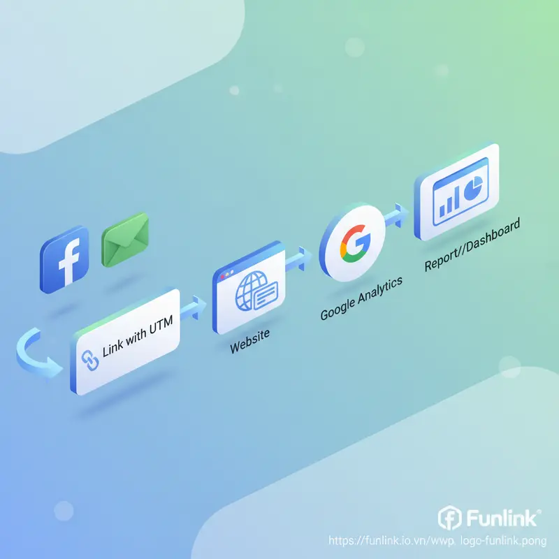 Sơ đồ mô tả cách tracking trong marketing hoạt động từ quảng cáo đến báo cáo phân tích.