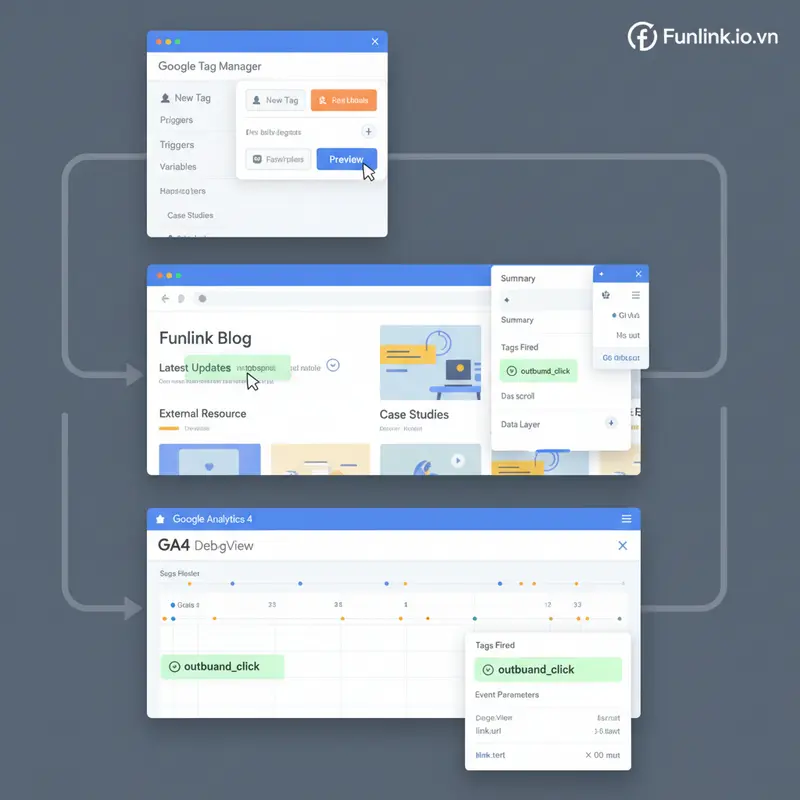 Quy trình debug việc tracking outbound link click bằng GTM Preview Mode và GA4 DebugView.