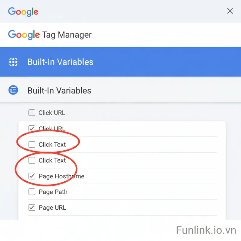 Kích hoạt các biến Click tích hợp sẵn trong GTM để tracking outbound link click.