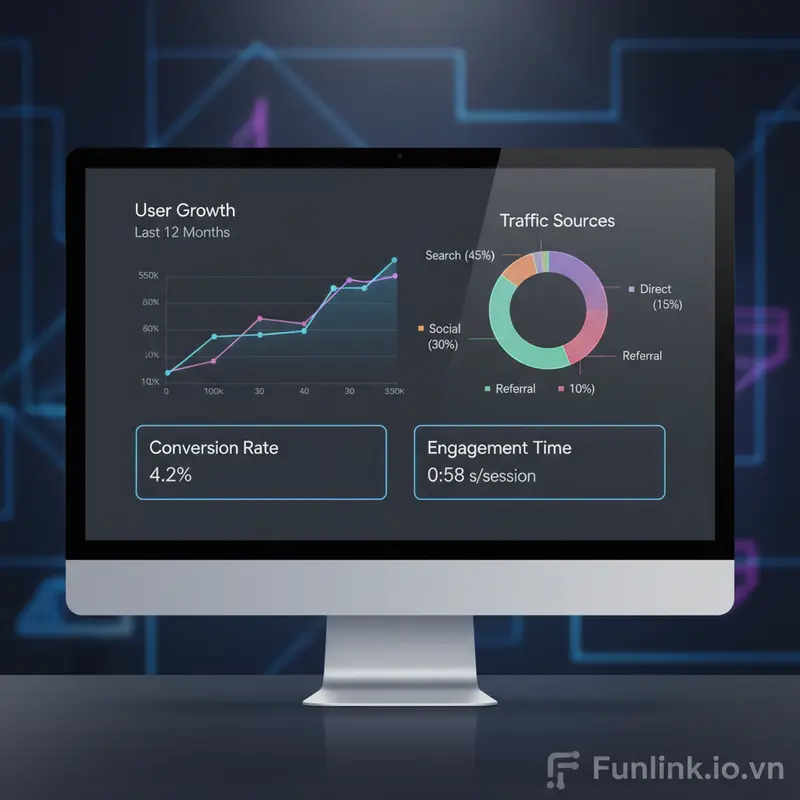 Giao diện dashboard tracking website trên Google Looker Studio với các biểu đồ dữ liệu.
