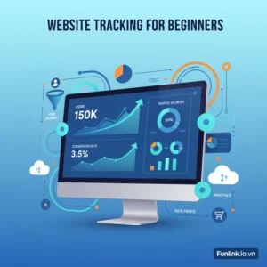 Hướng dẫn tracking website 5 bước cho người mới bắt đầu với biểu đồ và icon phân tích dữ liệu.