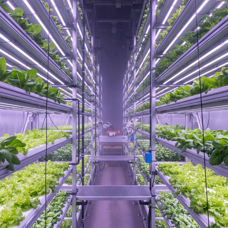 Các tầng cây trồng xanh mướt trong một trang trại thẳng đứng được chiếu sáng bằng đèn LED