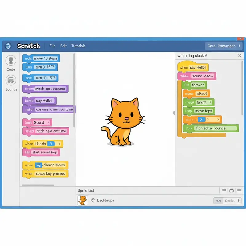 Giao diện lập trình Scratch với một nhân vật mèo và các khối lệnh đầy màu sắc.