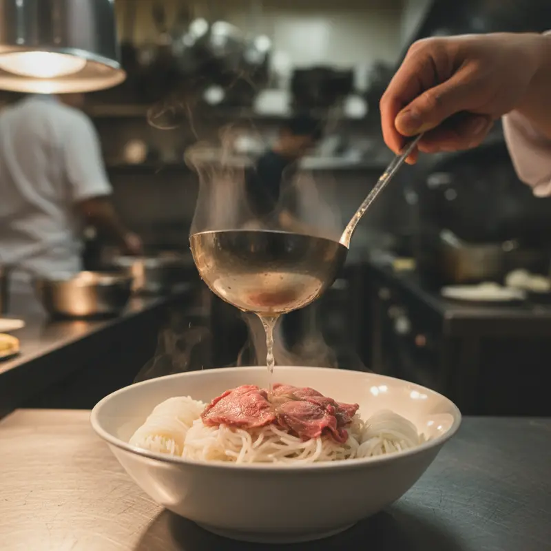 Đầu bếp đang chan nước dùng nóng hổi vào tô phở bò đã được sắp xếp sẵn