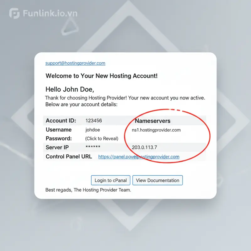 Ví dụ email từ nhà cung cấp hosting với thông tin nameserver được khoanh đỏ để trỏ tên miền về hosting.