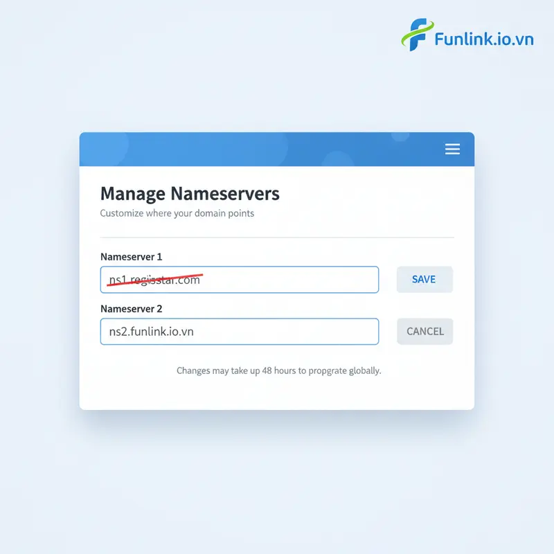 Giao diện quản lý tên miền nơi người dùng có thể cập nhật nameserver để trỏ tên miền về hosting.