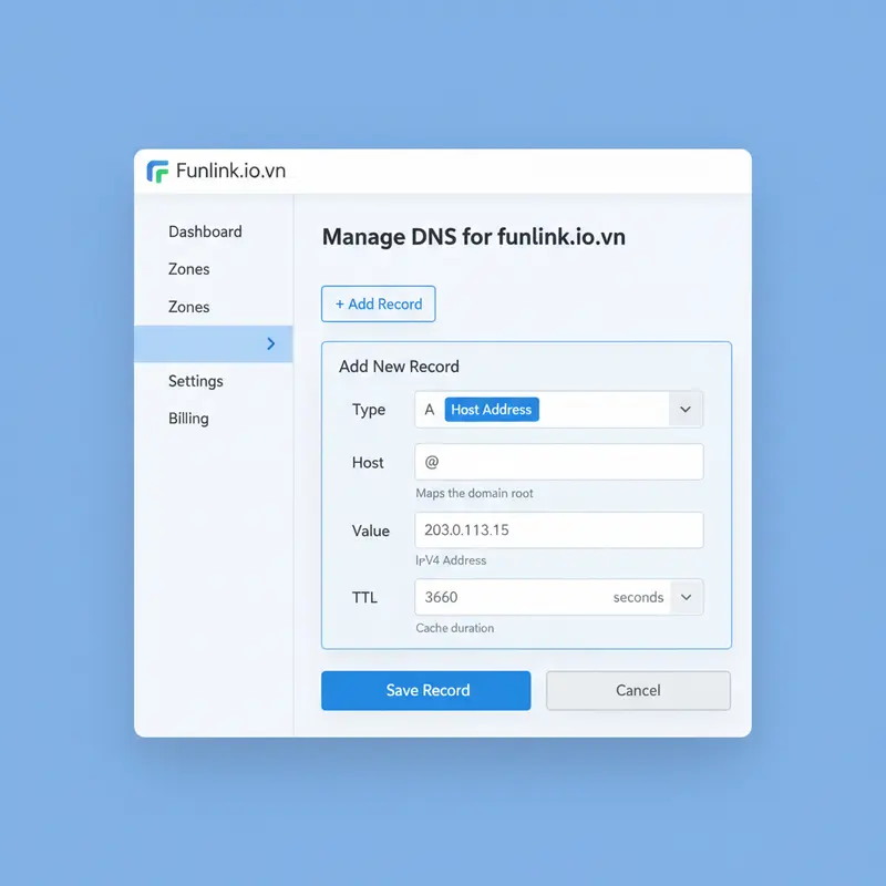 Giao diện quản lý DNS để tạo bản ghi A, cần điền các trường Host, Type, và Value để trỏ tên miền về hosting.