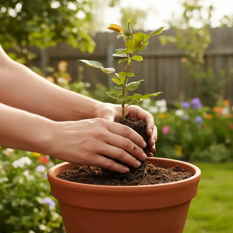 Một người đang cẩn thận đặt cây hoa hồng giống vào chậu đã chuẩn bị sẵn đất.