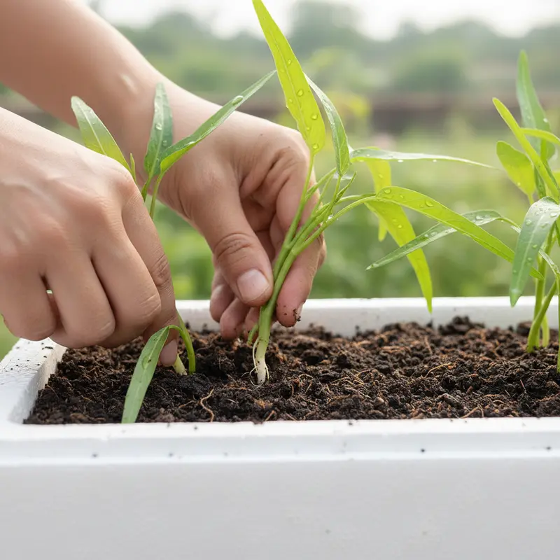 Hướng dẫn cách giâm cành rau muống vào đất trong thùng xốp