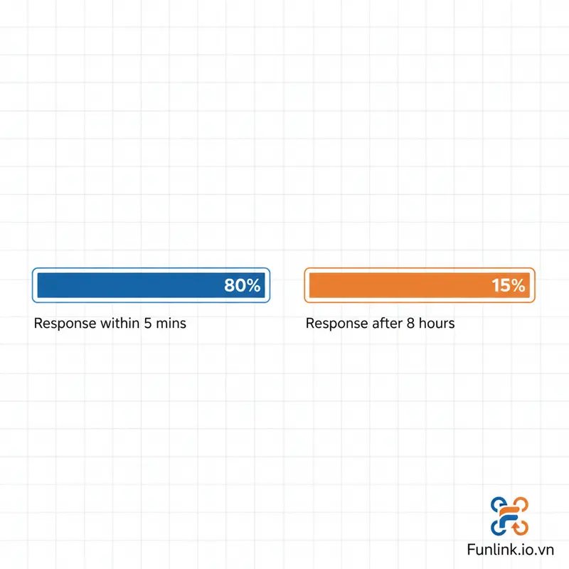 Infographic Tự động hóa bán hàng: Tỷ lệ chốt đơn giảm mạnh khi thời gian phản hồi tin nhắn tăng.