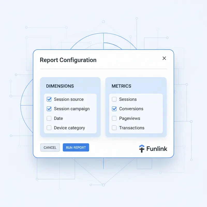 Cấu hình Dimensions và Metrics để tạo báo cáo UTM tự động, bao gồm utm_source, utm_medium và utm_campaign.