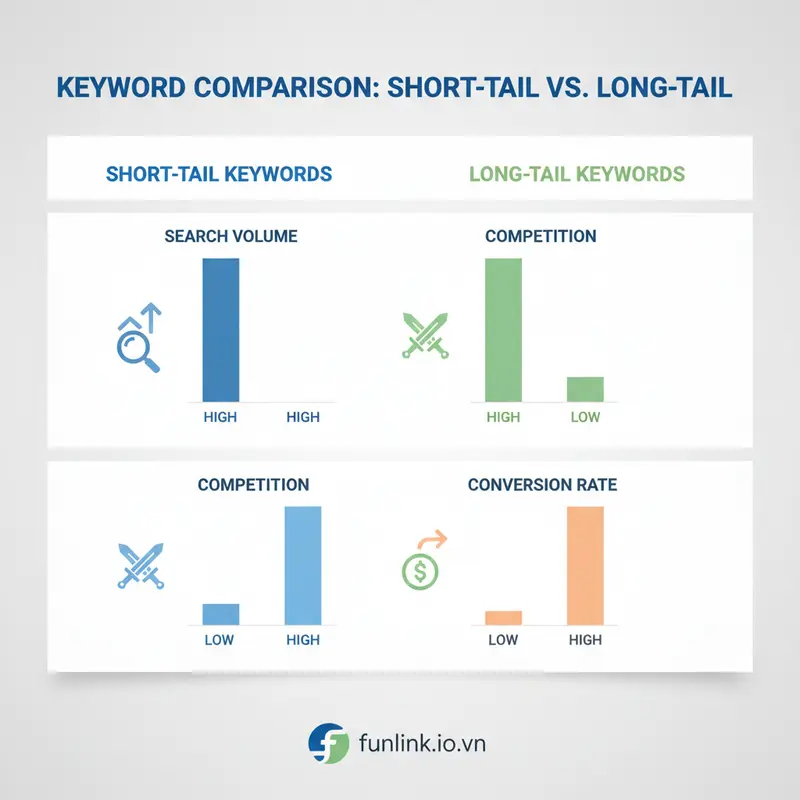 Biểu đồ so sánh từ khóa đuôi dài và từ khóa ngắn về volume, cạnh tranh và tỷ lệ chuyển đổi.