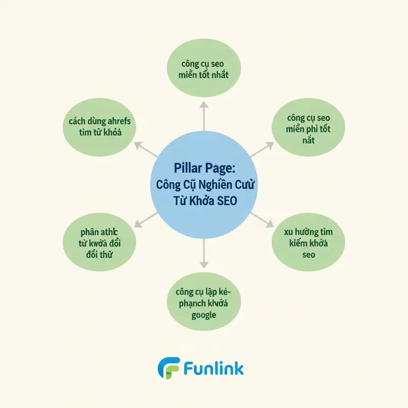 Sơ đồ minh họa cấu trúc Topic Cluster với từ khóa đuôi dài hỗ trợ cho pillar page.