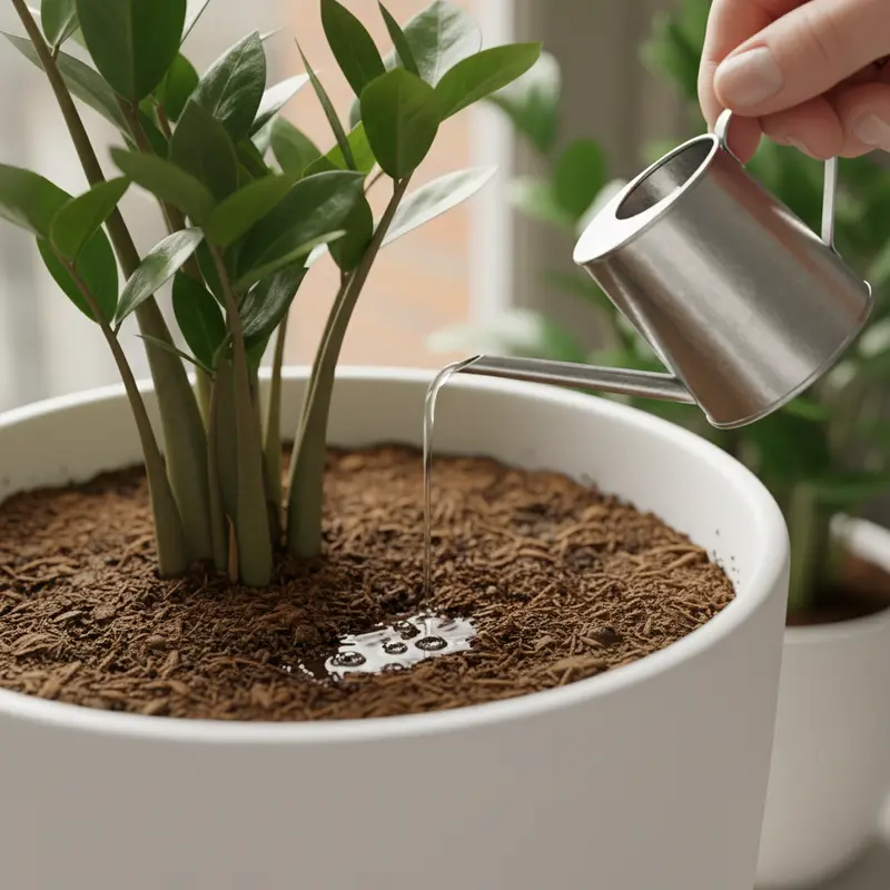 Một người đang tưới nước vào gốc cây kim tiền một cách cẩn thận.