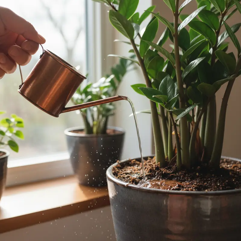 Một người đang dùng bình tưới để tưới nước vào gốc cây kim tiền