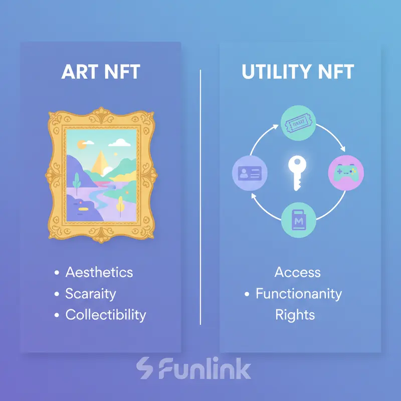 So sánh tương lai của NFT: Art NFT tập trung vào giá trị sưu tầm, Utility NFT tập trung vào chức năng và quyền truy cập.