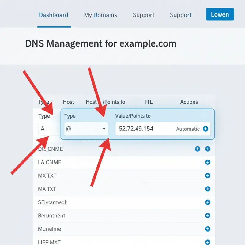Minh họa cấu hình bản ghi DNS A record để tùy chỉnh link rút gọn với tên miền riêng.