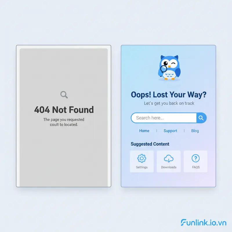 So sánh trang 404 mặc định nhàm chán và trang 404 được tùy chỉnh thân thiện, hữu ích.