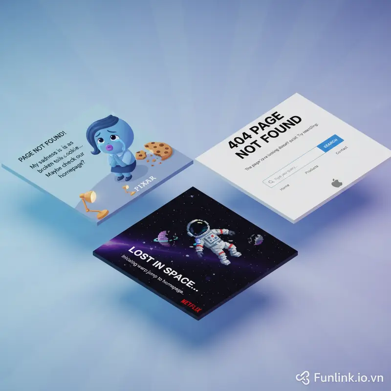 Ví dụ các trang 404 được tùy chỉnh sáng tạo từ các thương hiệu lớn như GitHub và Pixar.