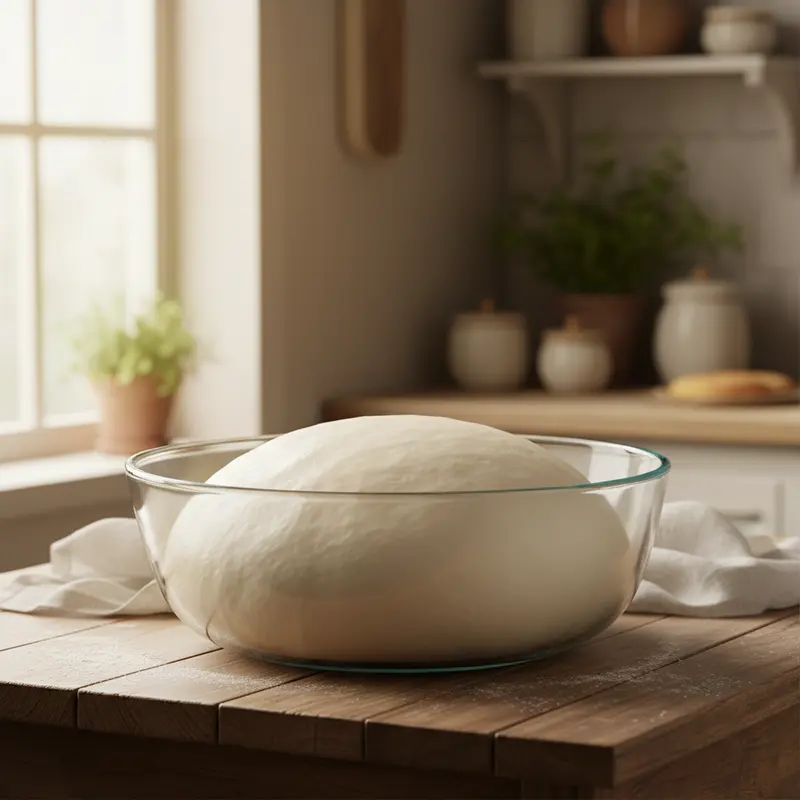 Khối bột bánh mì đã ủ xong, nở phồng lên gấp đôi kích thước ban đầu trong một chiếc tô lớn.