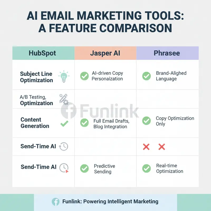 Bảng so sánh các công cụ ứng dụng AI trong email marketing như Jasper, Mailchimp, HubSpot.