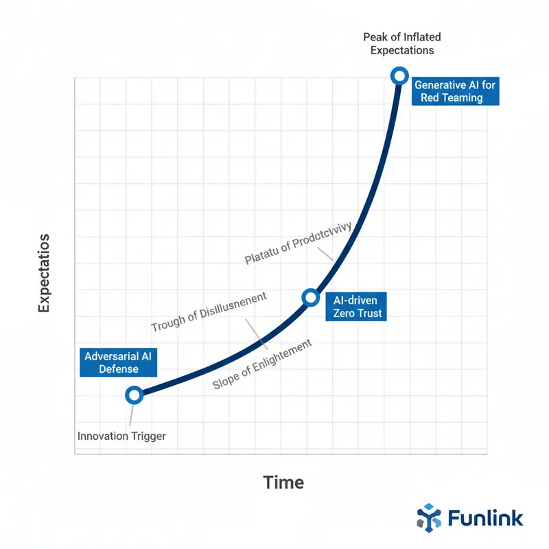Biểu đồ Hype Cycle các xu hướng ứng dụng AI trong phòng chống tấn công mạng trong 3 đến 5 năm tới.