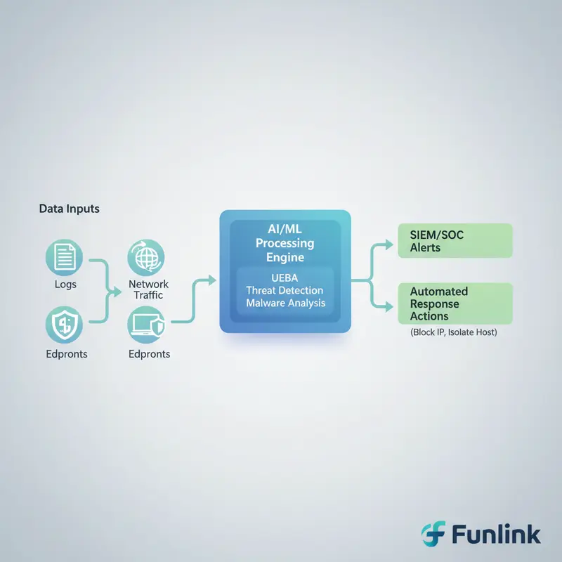 Sơ đồ kiến trúc ứng dụng AI trong phòng chống tấn công mạng, từ dữ liệu đầu vào đến các hành động phản ứng tự động.