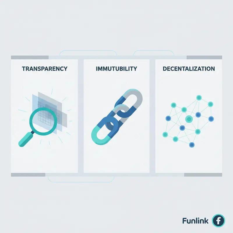 Infographic giải thích 3 đặc tính cốt lõi của ứng dụng blockchain: Minh bạch (mắt), Bất biến (chuỗi xích), Phi tập trung (mạng lưới).