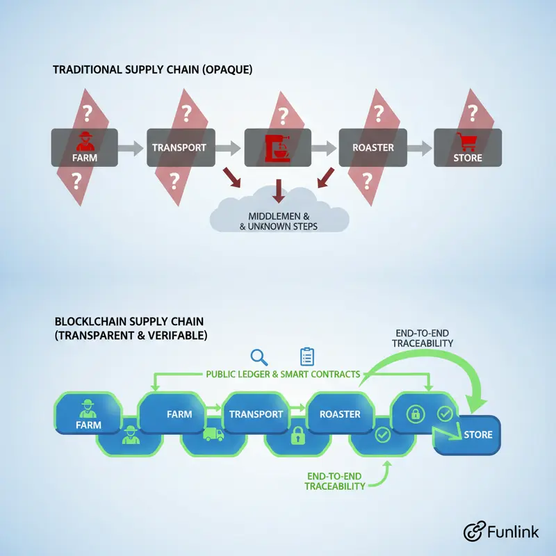 Sơ đồ so sánh ứng dụng blockchain trong chuỗi cung ứng cà phê, cho thấy sự minh bạch so với phương pháp truyền thống.
