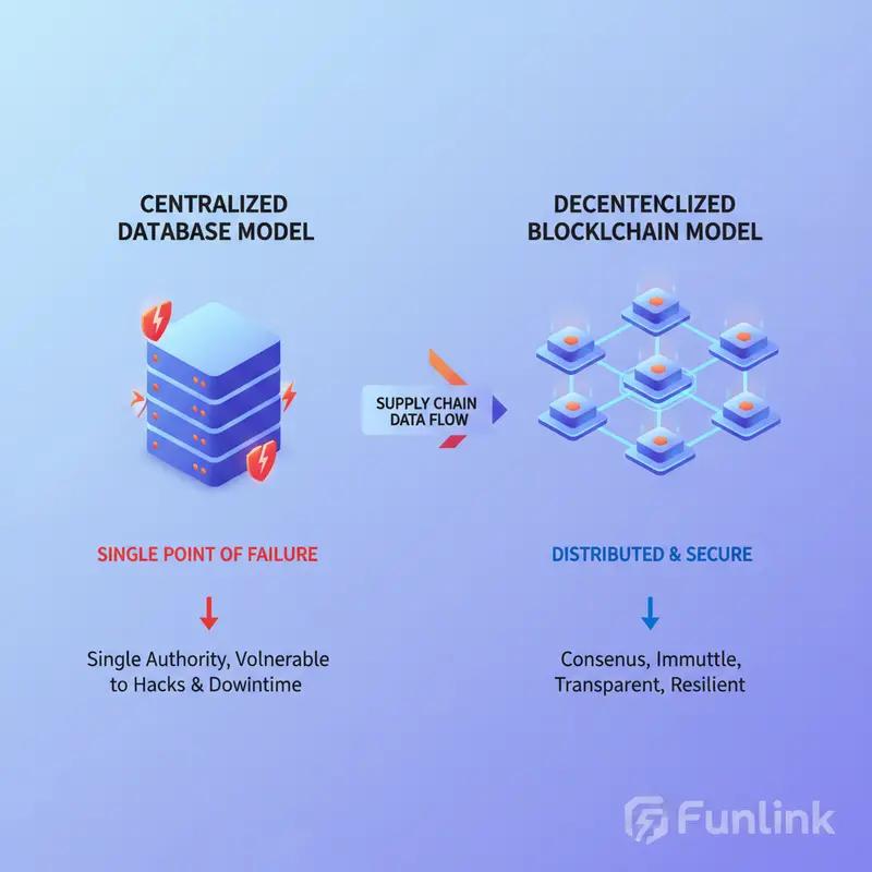 Infographic ứng dụng blockchain trong truy xuất nguồn gốc, so sánh CSDL tập trung và mô hình blockchain phi tập trung.