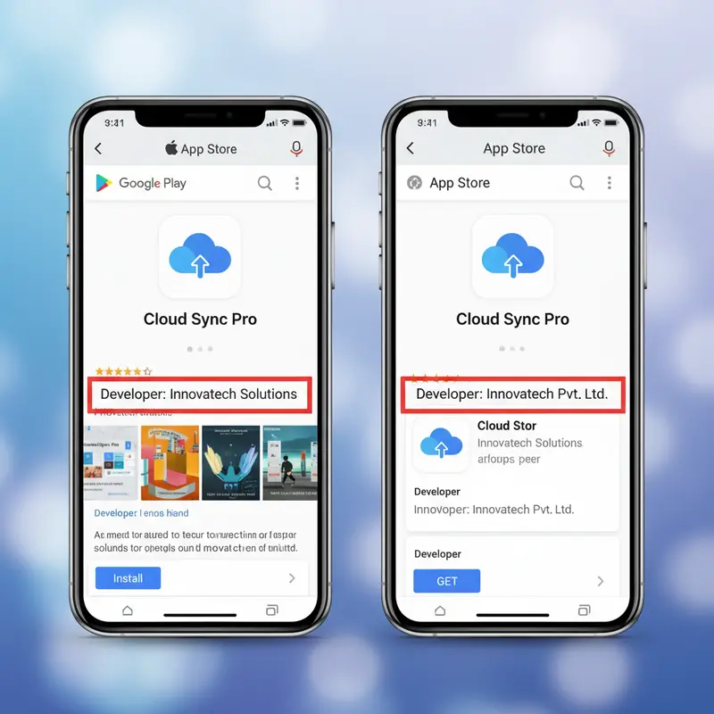 Kiểm tra tên nhà phát triển của ứng dụng giả mạo trên Google Play và App Store.