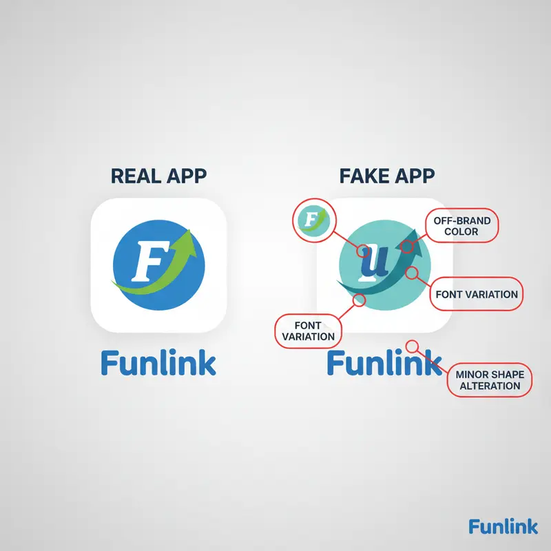 So sánh icon của ứng dụng giả mạo và ứng dụng thật, chỉ ra các điểm khác biệt nhỏ.