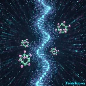 Ứng dụng máy tính lượng tử trong y dược với hình ảnh mô phỏng phân tử DNA và cấu trúc thuốc.