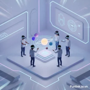 Ứng dụng metaverse trong giáo dục với lớp học ảo tương tác nơi học viên và giáo viên đeo kính VR.