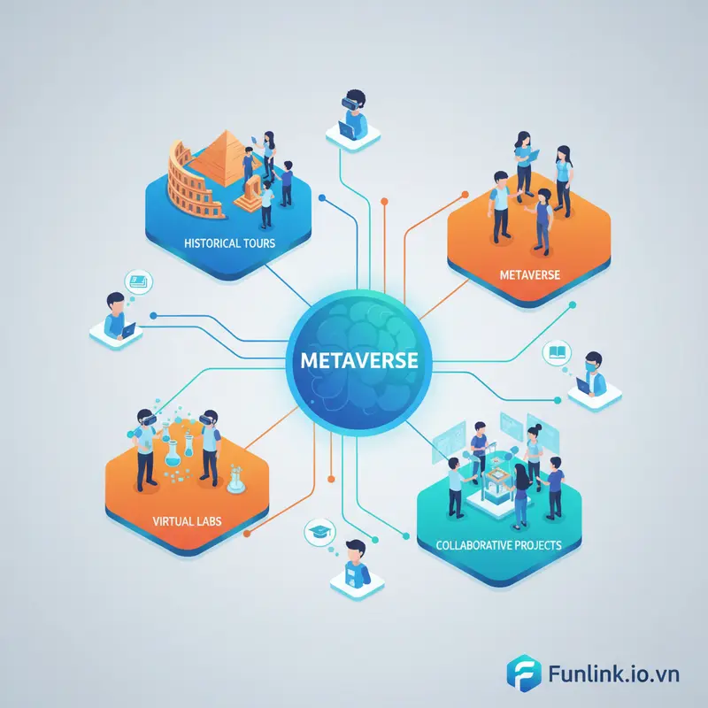 Sơ đồ giải thích ứng dụng metaverse trong giáo dục, với các avatar học viên và giáo viên tương tác trong không gian ảo.