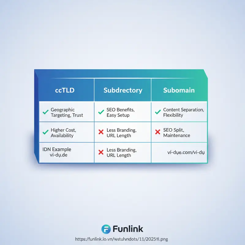 Bảng so sánh 3 cấu trúc URL đa ngôn ngữ: ccTLD, Subdirectory, và Subdomain.
