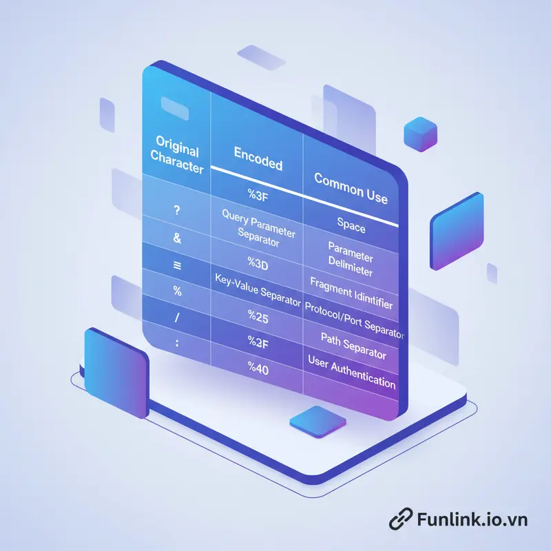 Bảng tra cứu các ký tự URL Encoding phổ biến như dấu cách, ?, &.