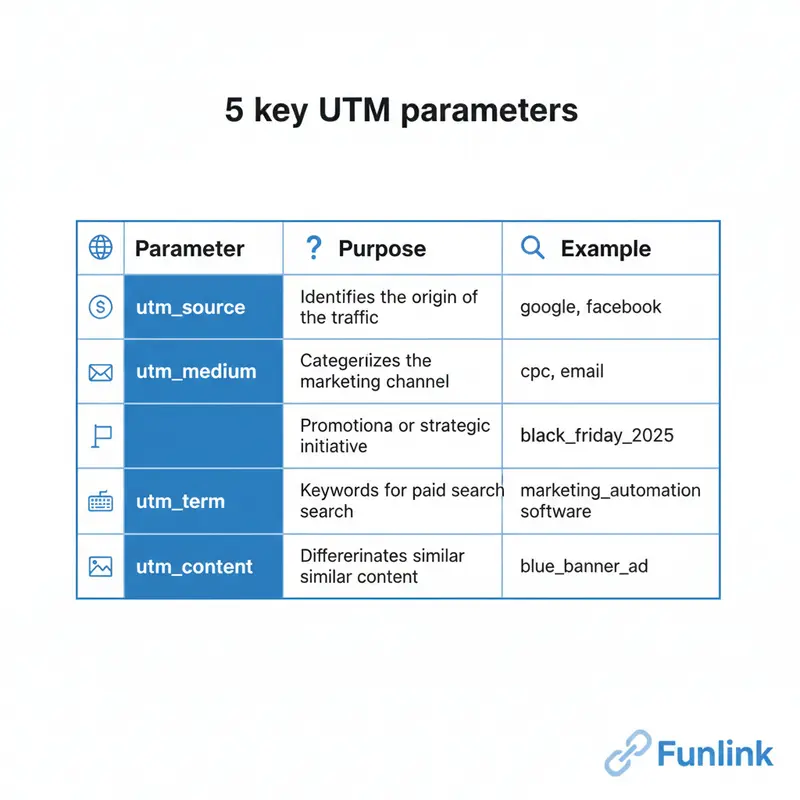 Bảng giải thích 5 tham số UTM Code quan trọng: utm_source, utm_medium, utm_campaign, utm_term, và utm_content kèm ví dụ.