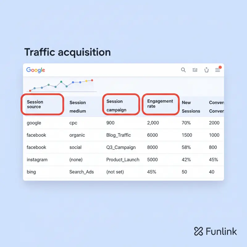 Báo cáo thu nạp lưu lượng trong Google Analytics 4 hiển thị dữ liệu từ UTM Code, với các cột Source, Medium, và Campaign.