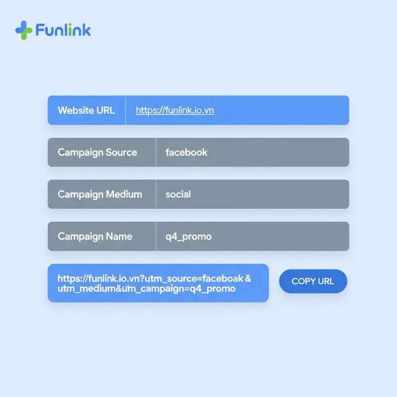 Hướng dẫn tạo UTM Code bằng công cụ Campaign URL Builder của Google với các trường thông tin mẫu.