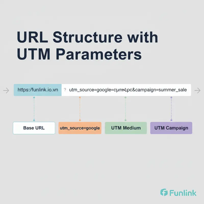 Sơ đồ cấu trúc một URL có gắn UTM Code, phân biệt rõ URL gốc và các tham số utm_source, utm_medium, utm_campaign.
