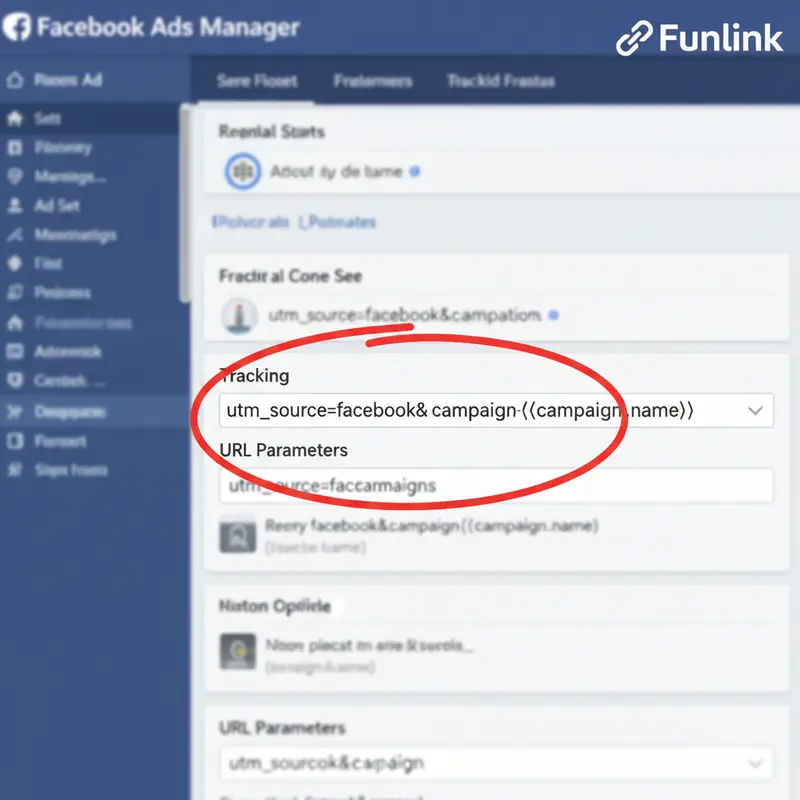 Giao diện Facebook Ads Manager với ô URL Parameters được khoanh đỏ, nơi cài đặt UTM động.