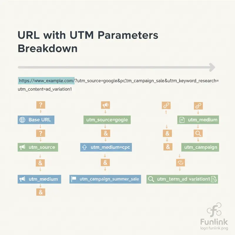 Sơ đồ cấu trúc link UTM là gì, chi tiết 5 tham số: utm_source, utm_medium, utm_campaign, utm_term và utm_content.