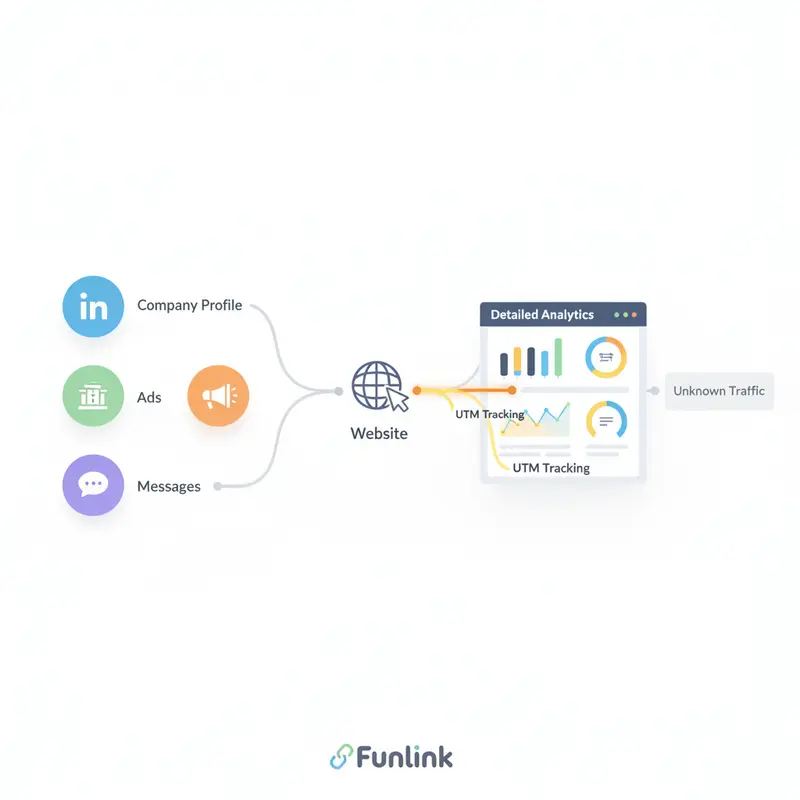 Sơ đồ luồng traffic từ các kênh LinkedIn về website sử dụng UTM để đo lường.