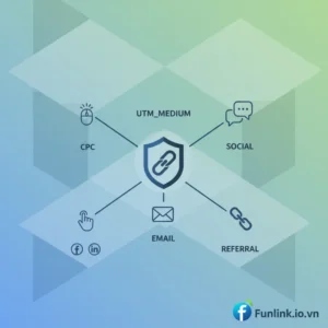 Hình ảnh giải thích utm_medium là gì với các icon tượng trưng cho cpc, social, và email.