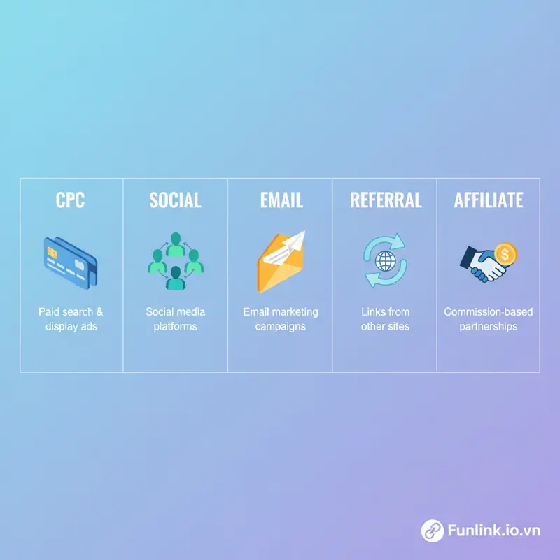Infographic tổng hợp các quy ước utm_medium là gì, ví dụ như cpc, social, email, referral.
