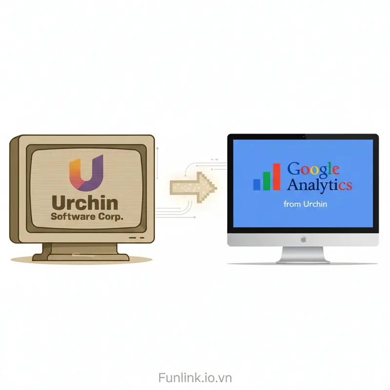 Hình ảnh về lịch sử Google Analytics, cho thấy logo Urchin Software Corp chuyển đổi thành Google Analytics.