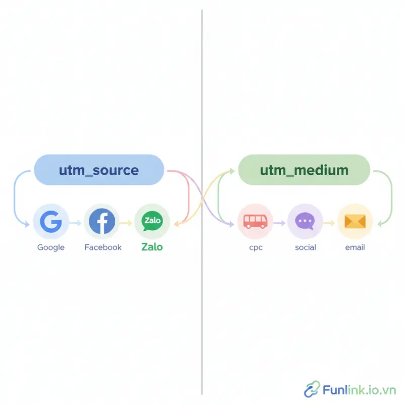 Sơ đồ minh họa utm_medium là gì, phân biệt giữa nguồn (source) và phương tiện (medium).